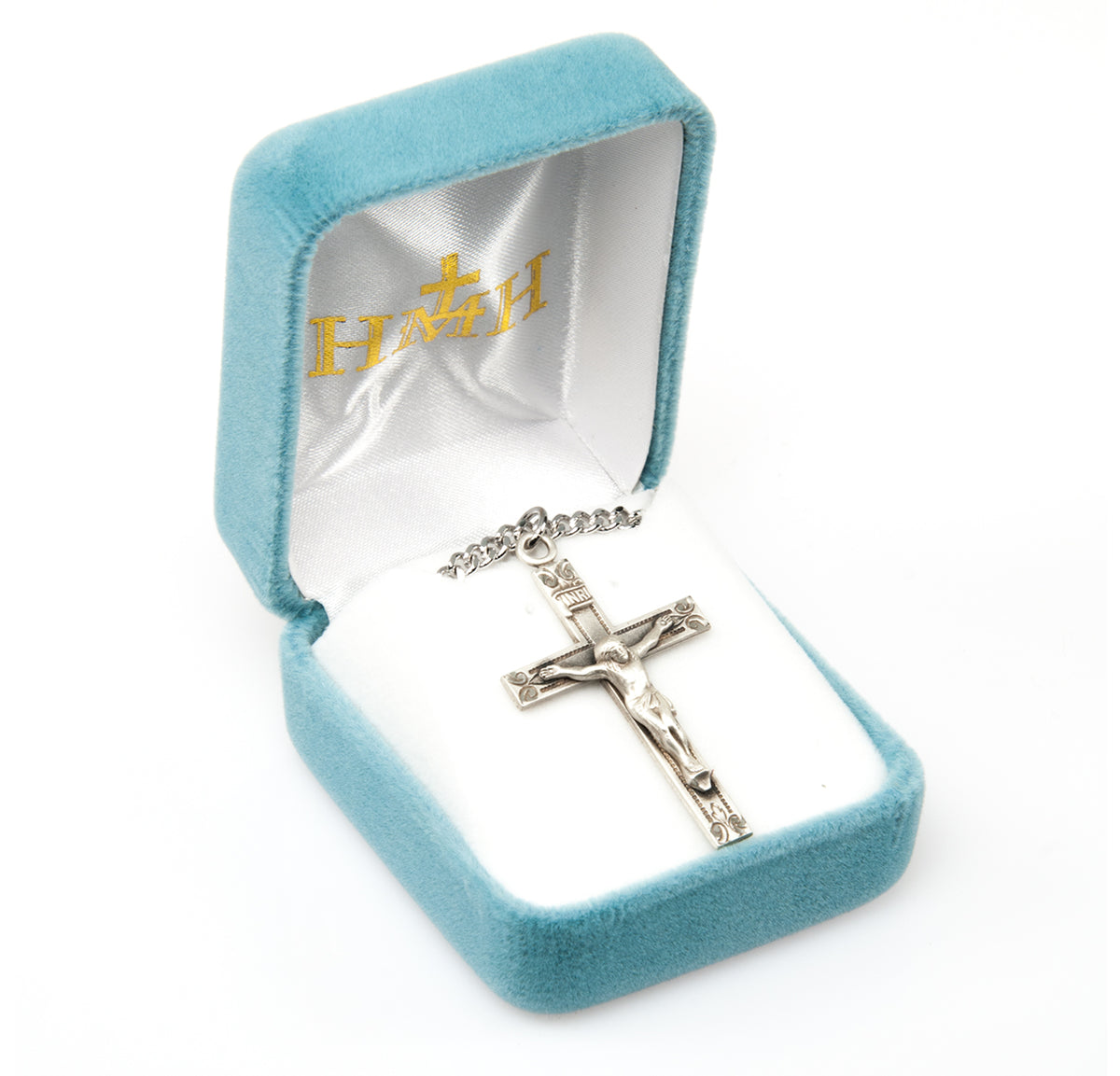 Swirl Tip Design Sterling Silver Crucifix Necklace in Box