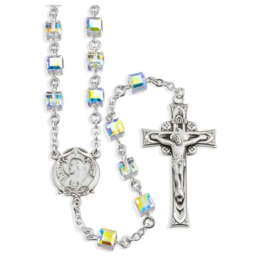 Sacred Heart of Jesus Scapular Sterling Silver Rosary with 6mm aurora borealis crystals by Swarovski® Austrian Crystal faceted cube beads (view 1)