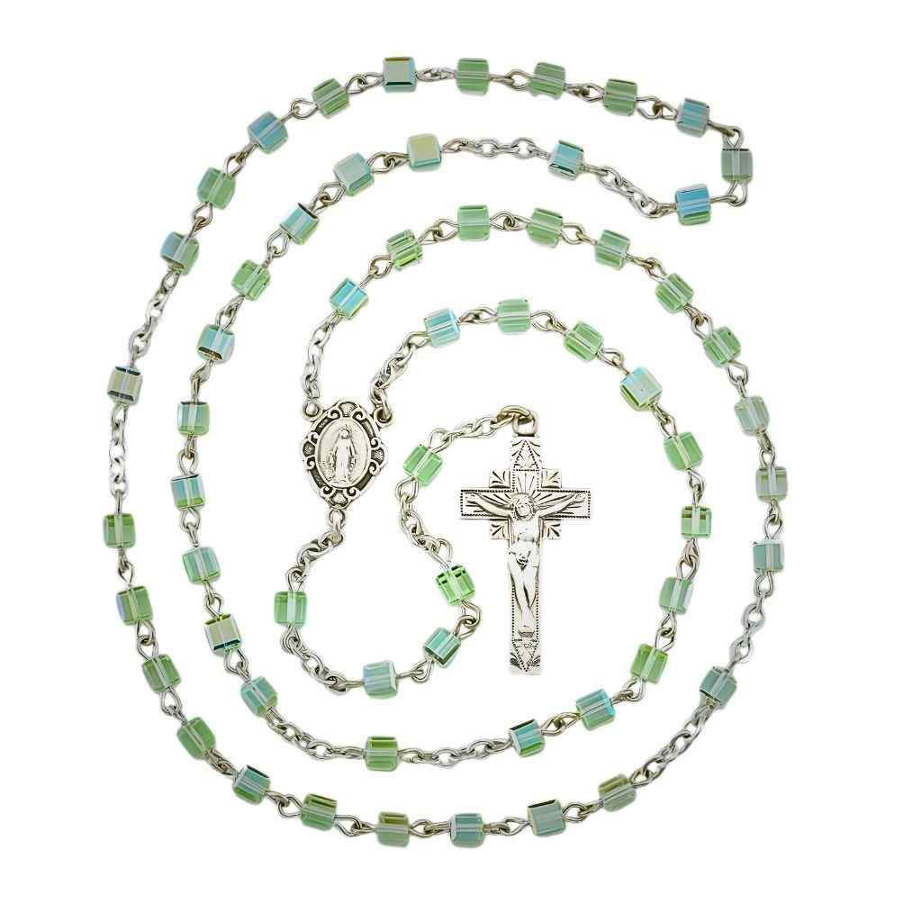 Miraculous Sterling Silver Rosary with 4mm Chrysolite crystals by Swarovski® Austrian Crystal faceted cube beads (view 1)