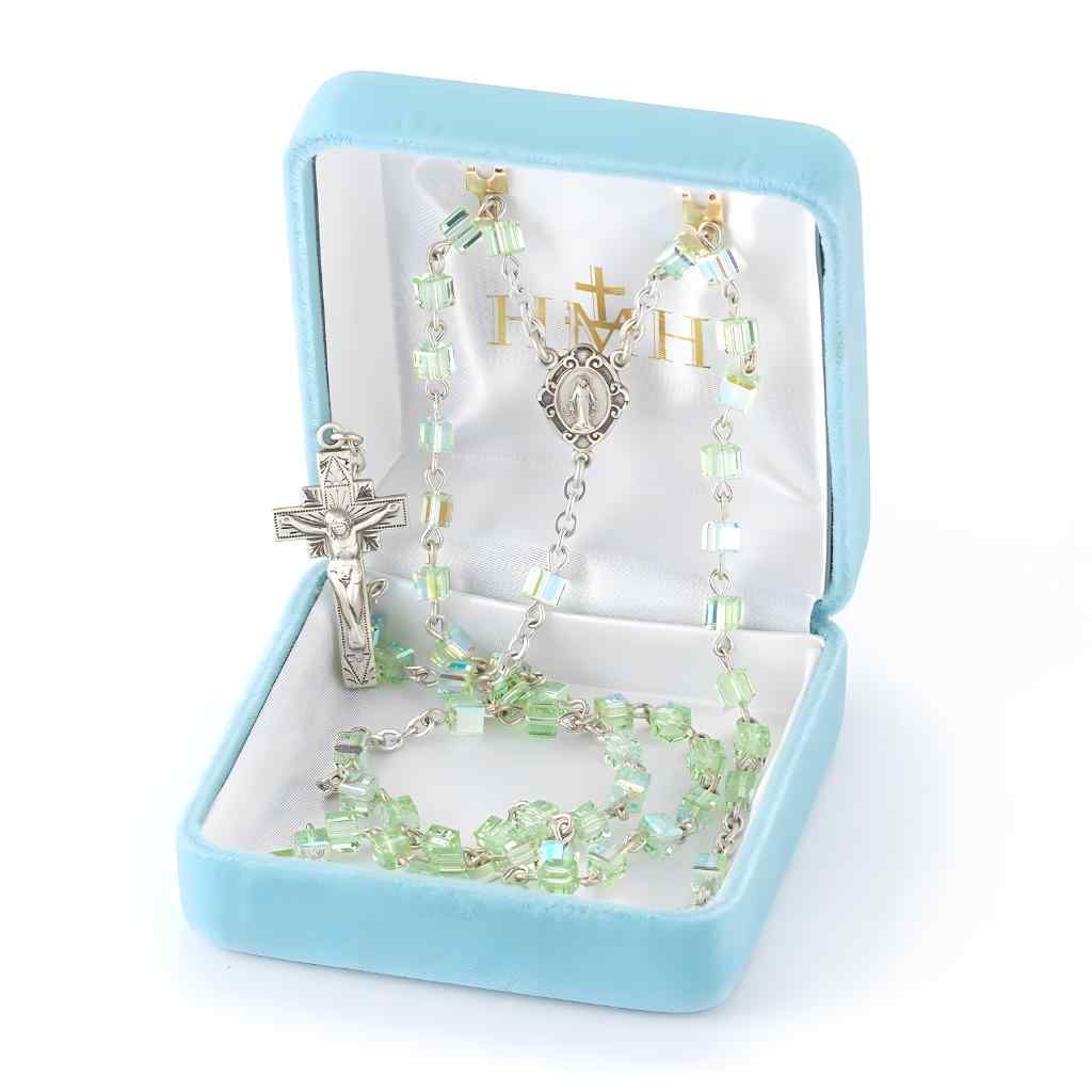 Miraculous Sterling Silver Rosary with 4mm Chrysolite crystals by Swarovski® Austrian Crystal faceted cube beads in gift box(view 2)