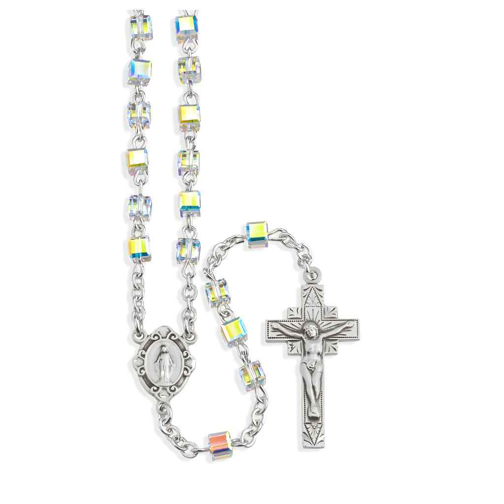 Miraculous Sterling Silver Rosary with 4mm aurora borealis crystals by Swarovski® Austrian Crystal faceted cube beads (view 1)