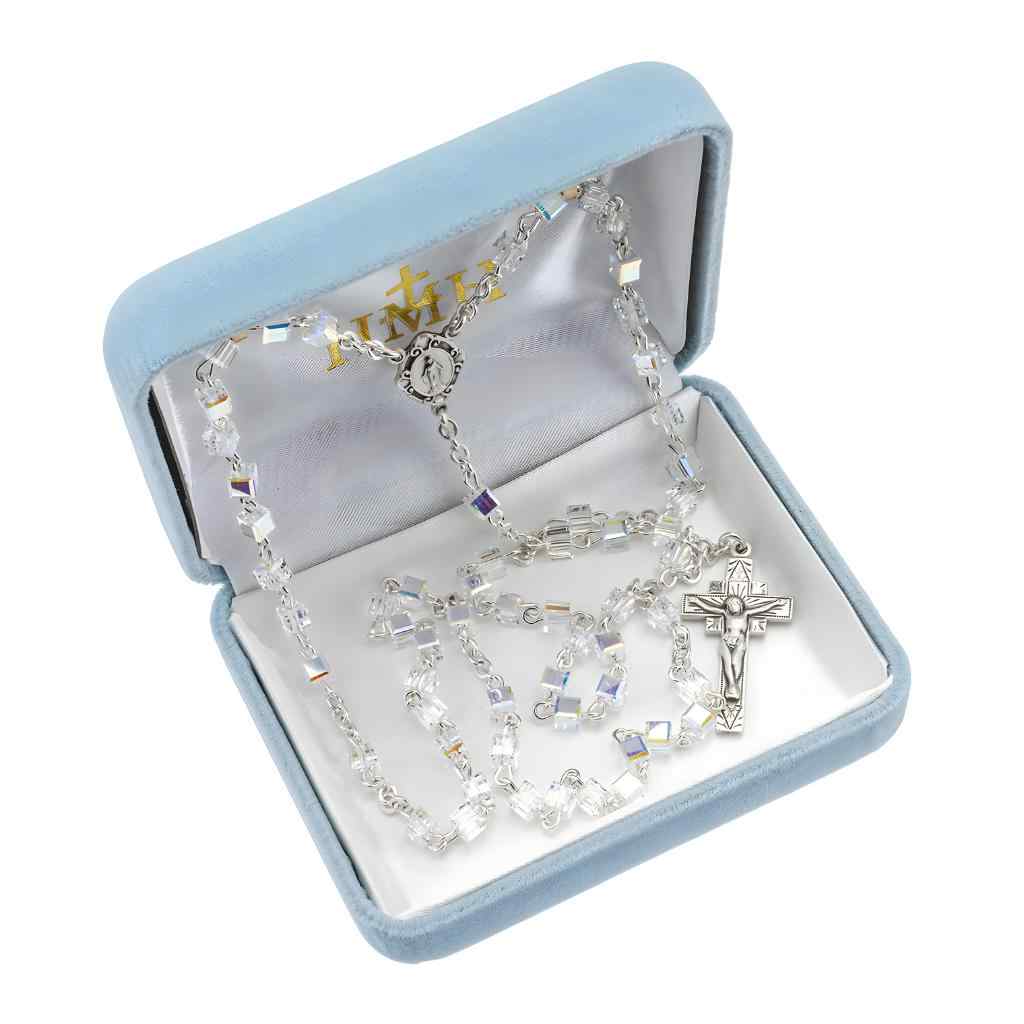Miraculous Sterling Silver Rosary with 4mm aurora borealis crystals by Swarovski® Austrian Crystal faceted cube beads in gift box (view 2)