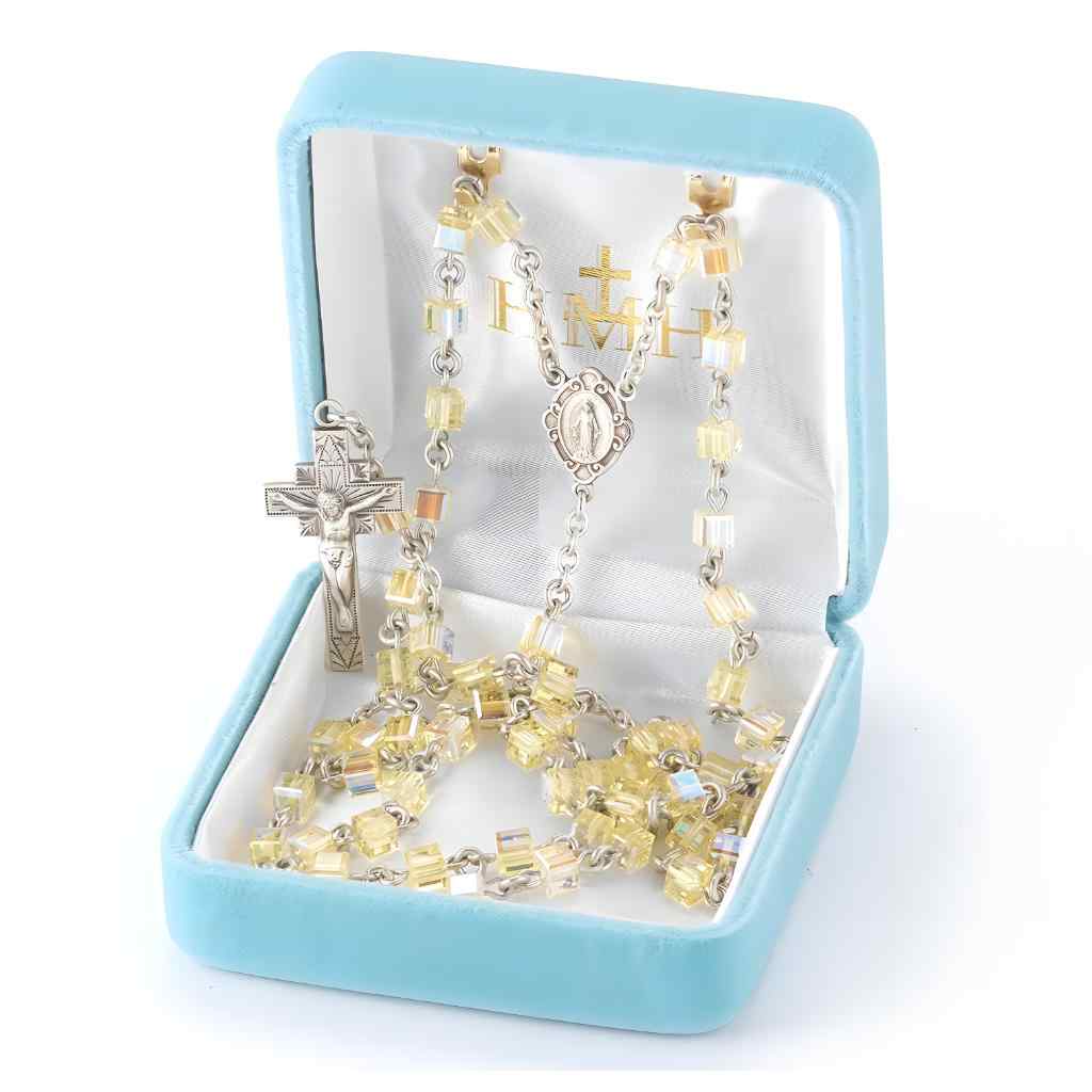 Miraculous Sterling Silver Rosary with 4mm Jonquil crystals by Swarovski® Austrian Crystal faceted cube beads (view 2)