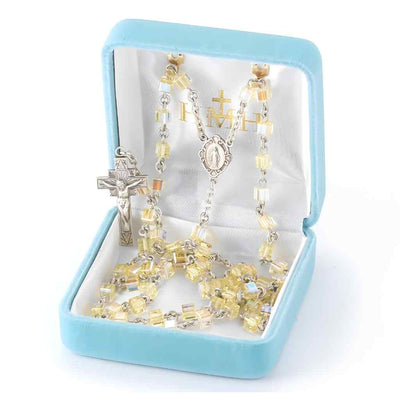Miraculous Sterling Silver Rosary with 4mm Jonquil crystals by Swarovski® Austrian Crystal faceted cube beads (view 2)