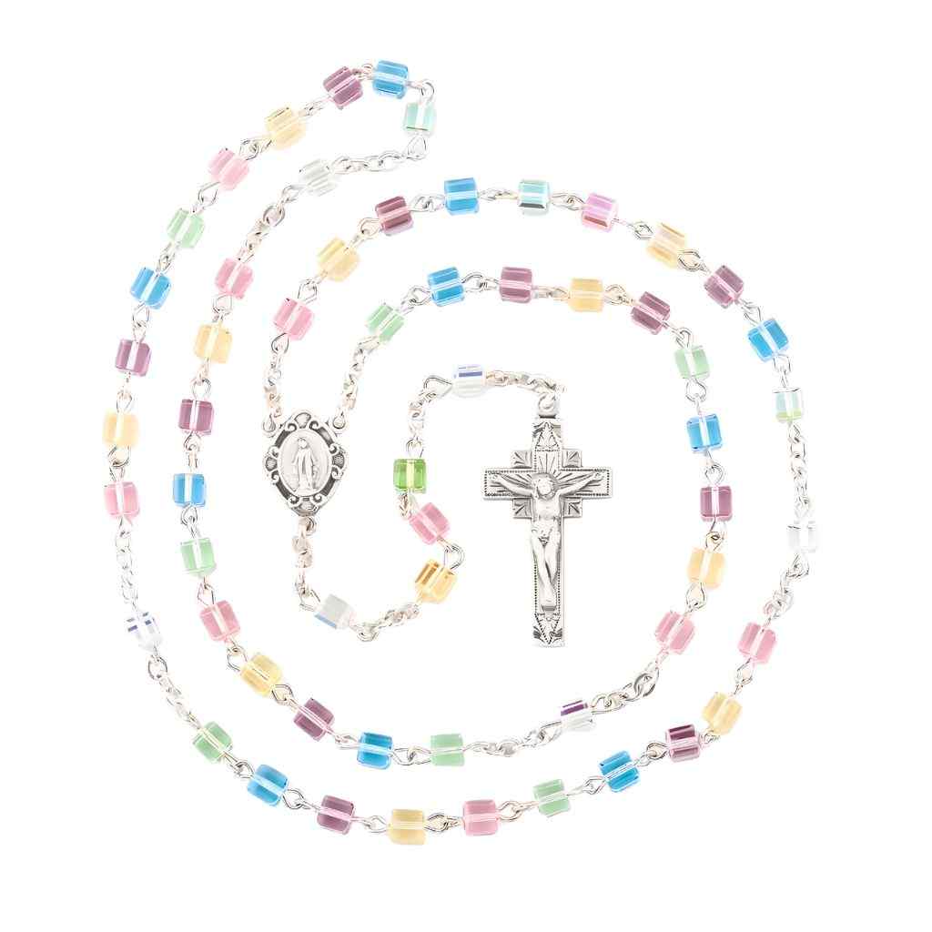 Miraculous Sterling Silver Rosary with 4mm Multi Color crystals by Swarovski® Austrian Crystal faceted cube beads (view 1)