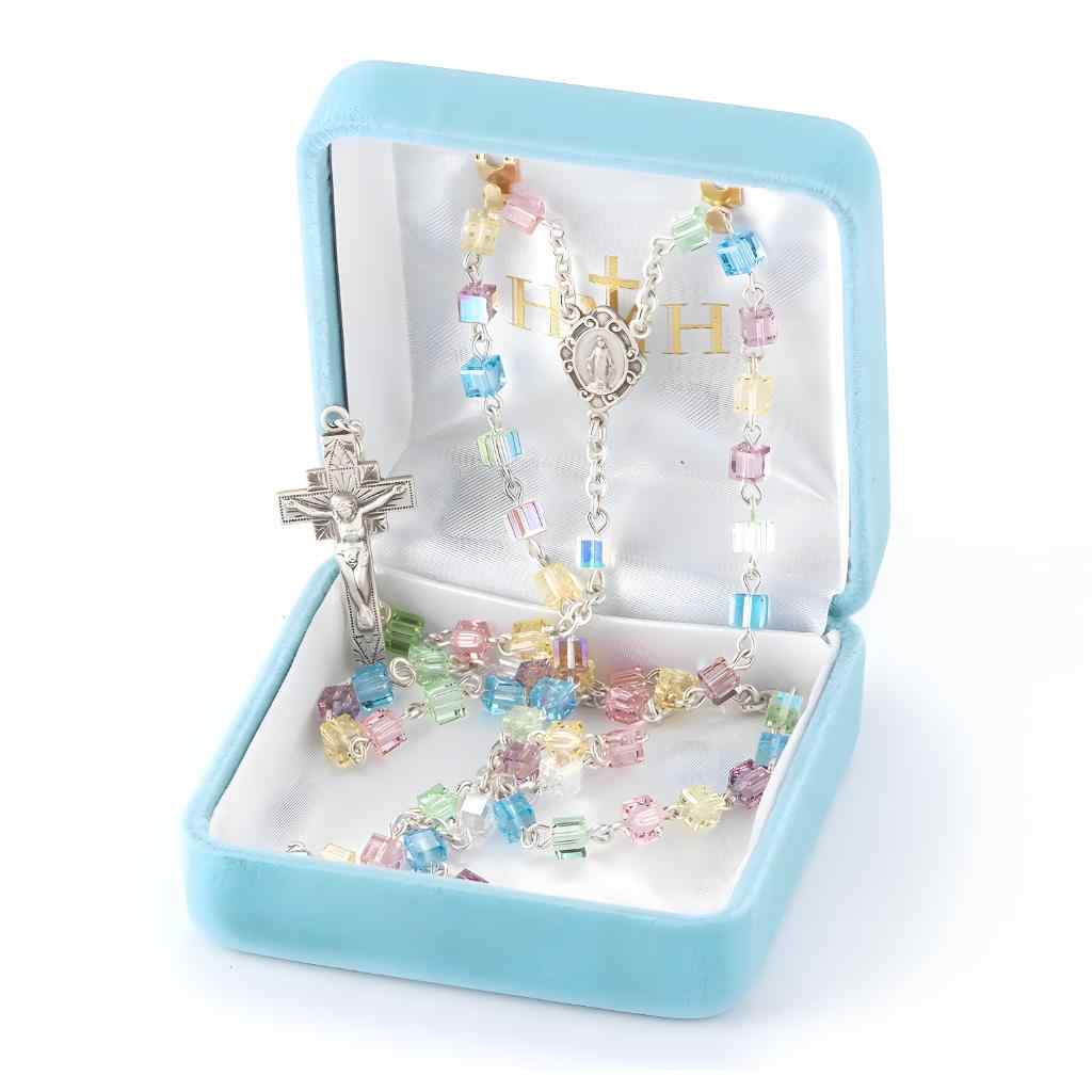 Miraculous Sterling Silver Rosary with 4mm Multi Color crystals by Swarovski® Austrian Crystal faceted cube beads in gift box (view 2)