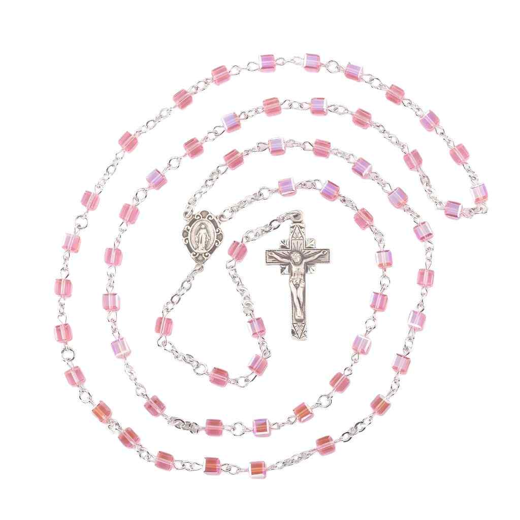 Miraculous Sterling Silver Rosary with 4mm Pink crystals by Swarovski® Austrian Crystal faceted cube beads with sterling silver wire and chain (view 1)