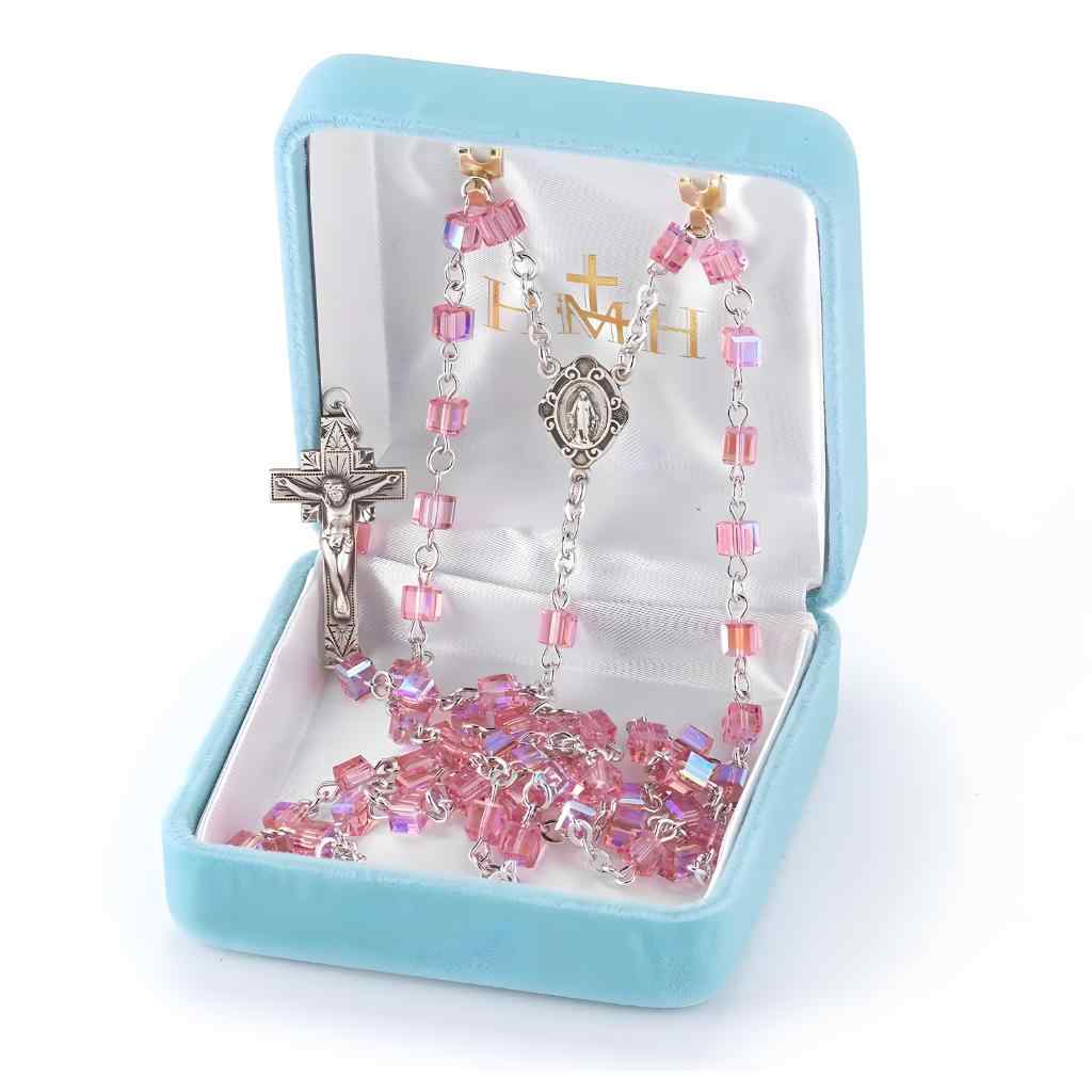 Miraculous Sterling Silver Rosary with 4mm Pink crystals by Swarovski® Austrian Crystal faceted cube beads with sterling silver wire and chain in gift box (view 2)