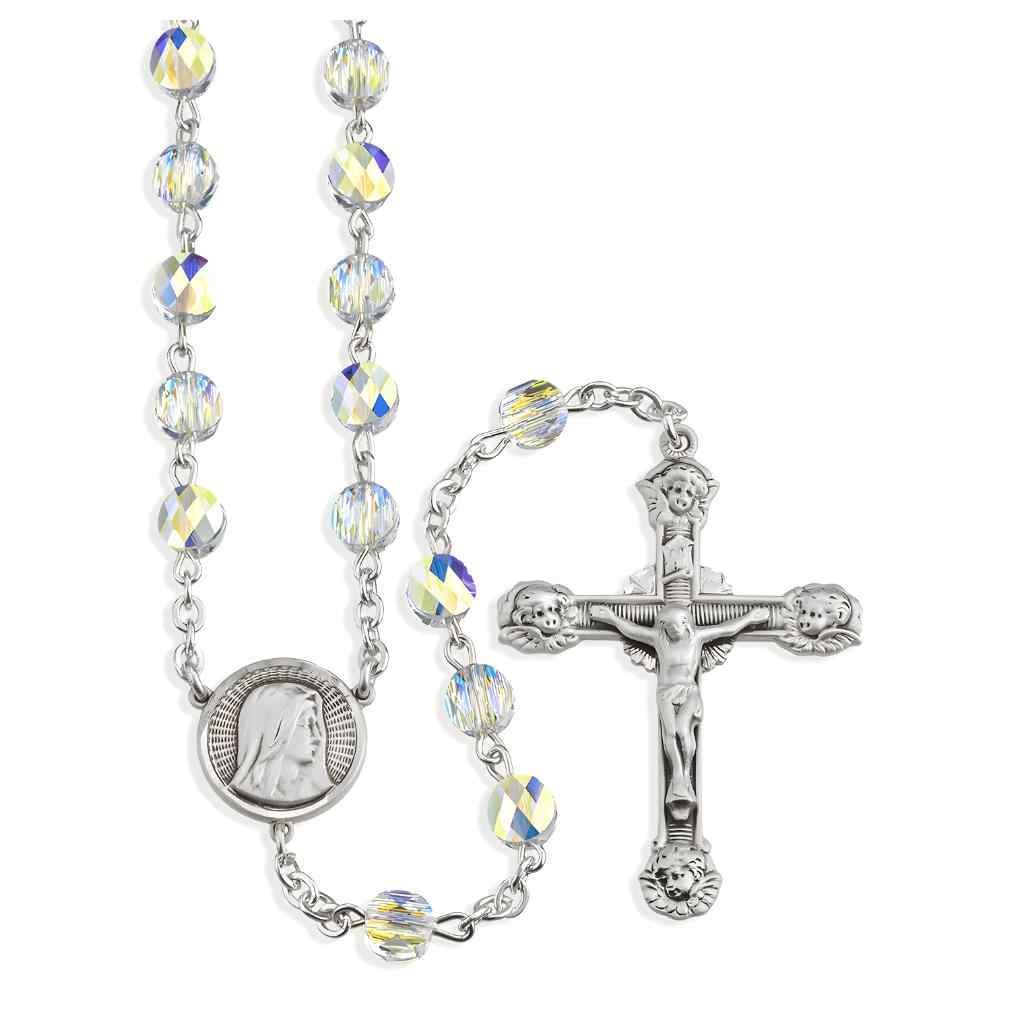 Madonna & Cherub Sterling Silver Rosary with 6mm crystals by Swarovski® Austrian Crystal faceted semi flat beads, sterling silver wire & chain (view 1)
