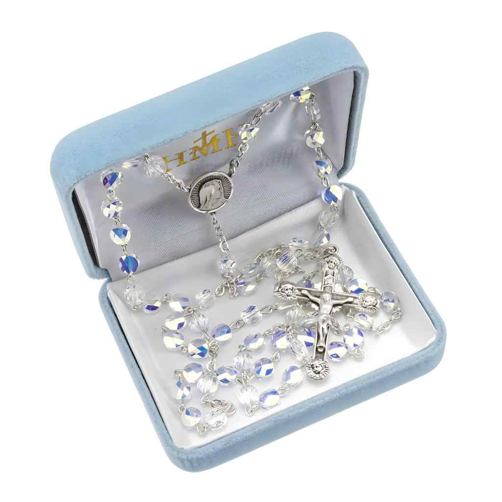 Madonna & Cherub Sterling Silver Rosary with 6mm crystals by Swarovski® Austrian Crystal faceted semi flat beads, sterling silver wire & chain in gift box (view 2)