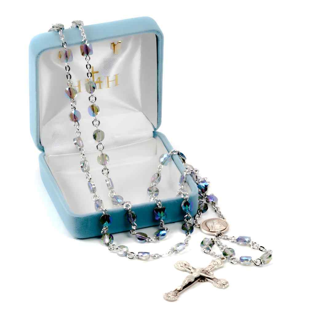 Madonna & Cherub Sterling Silver Rosary with 6mm Vitriol crystals by Swarovski® Austrian Crystal faceted semi flat beads, sterling silver wire & chain in gift box