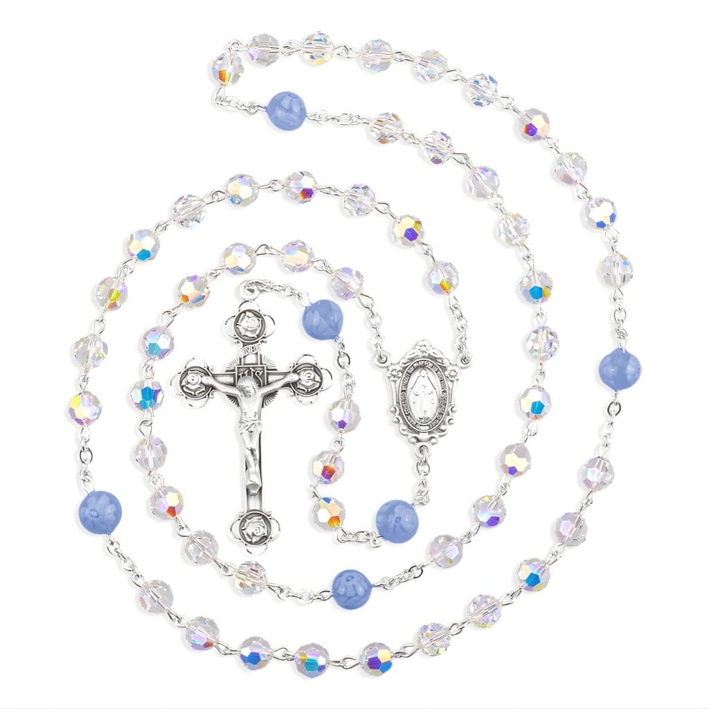 HMH Religious Miraculous Sterling Silver Rosary, made in the USA. Blue Murano and crystal beads and sterling silver wire .