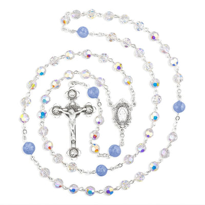 Miraculous Sterling Silver Rosary, made in the USA. Blue Murano and crystal beads and sterling silver wire, HMH Religious