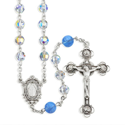 Miraculous Sterling Silver Catholic Rosary, made in the USA. Blue Murano and crystal beads and sterling silver wire, HMH Religious