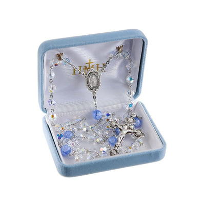 Miraculous Sterling Silver Catholic Rosary, made in the USA. Blue Murano and crystal beads and sterling silver wire in deluxe box, HMH Religious