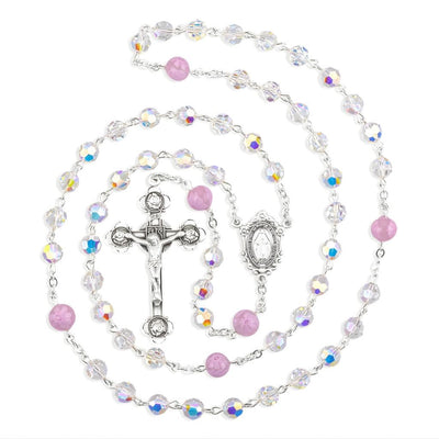 5-Decade Miraculous Sterling Silver Rosary, made in the USA. Murano pink glass and crystal beads and sterling silver wire, HMH Religious