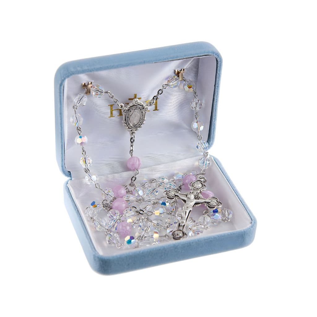 HMH Religious Miraculous Sterling Silver Rosary, made in the USA. Murano pink glass and crystal beads and sterling silver wire in deluxe box.