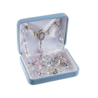 Miraculous Sterling Silver Rosary, made in the USA. Murano pink glass and crystal beads and sterling silver wire in deluxe box, HMH Religious
