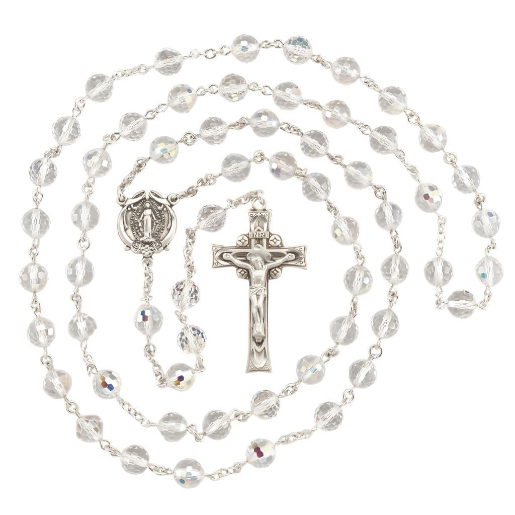 5-Decade Miraculous 8mm Fireball AB Crystal Bead Sterling Silver Rosary, HMH Religious