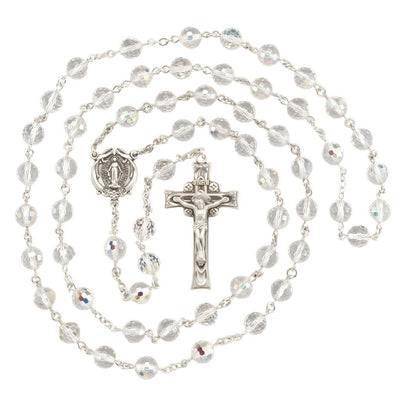 5-Decade Miraculous 8mm Fireball AB Crystal Bead Sterling Silver Rosary, HMH Religious