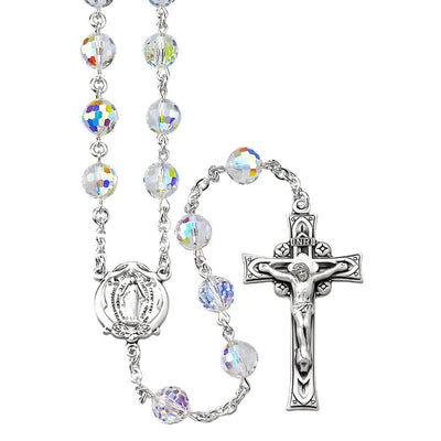 Miraculous 8mm Fireball AB Crystal Bead Sterling Silver Rosary, HMH Religious