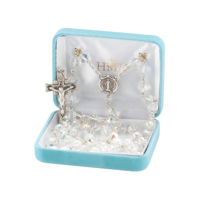 In a Deluxe Gift Box the Miraculous 8mm Fireball AB Crystal Bead Sterling Silver Rosary, HMH Religious