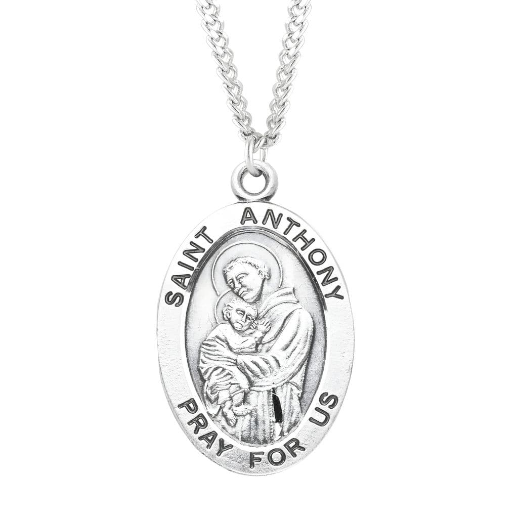 HMH Religious Large St. Anthony of Padua with this Oval Sterling Silver Medal Necklace with 24" Stainless Steel  Chain, Measures  1.3" x 0.8"