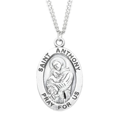 Large St. Anthony of Padua with this Oval Sterling Silver Medal Necklace with 24" Stainless Steel Chain, Measures 1.3" x 0.8", HMH Religious