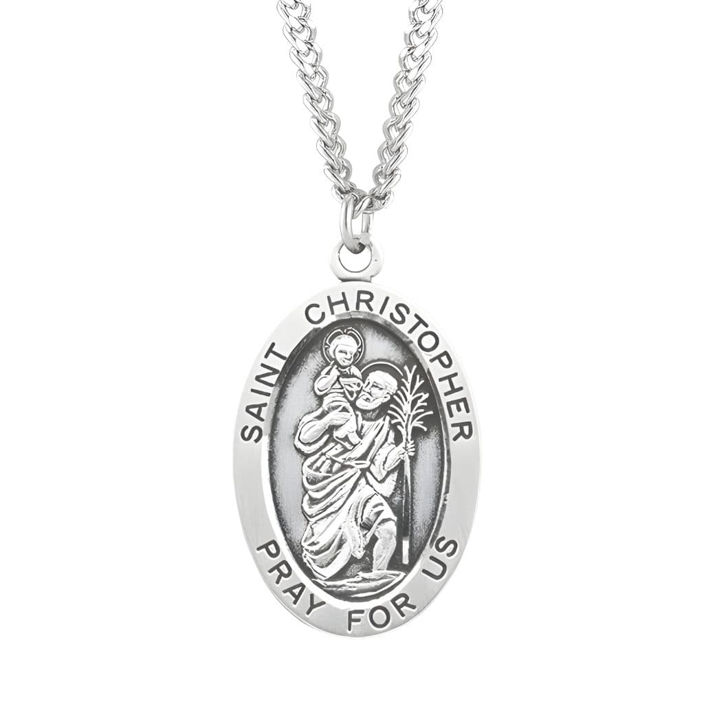 HMH Religious Large St. Christopher with this Oval Sterling Silver Medal Necklace with 24" Stainless Steel  Chain, Measures  1.3" x 0.8"
