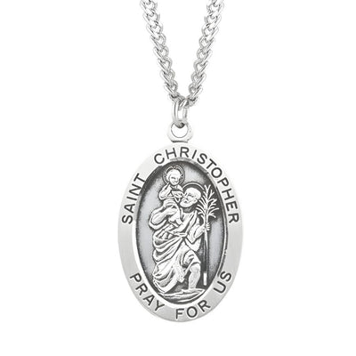 Large St. Christopher with this Oval Sterling Silver Medal Necklace with 24" Stainless Steel Chain, Measures 1.3" x 0.8", HMH Religious