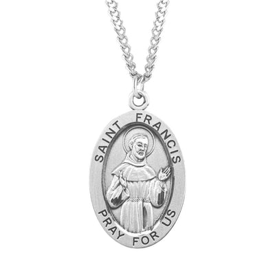Large St. Francis of Assisi with this Oval Sterling Silver Medal Necklace with 24" Stainless Steel Chain, Measures 1.3" x 0.8", HMH Religious