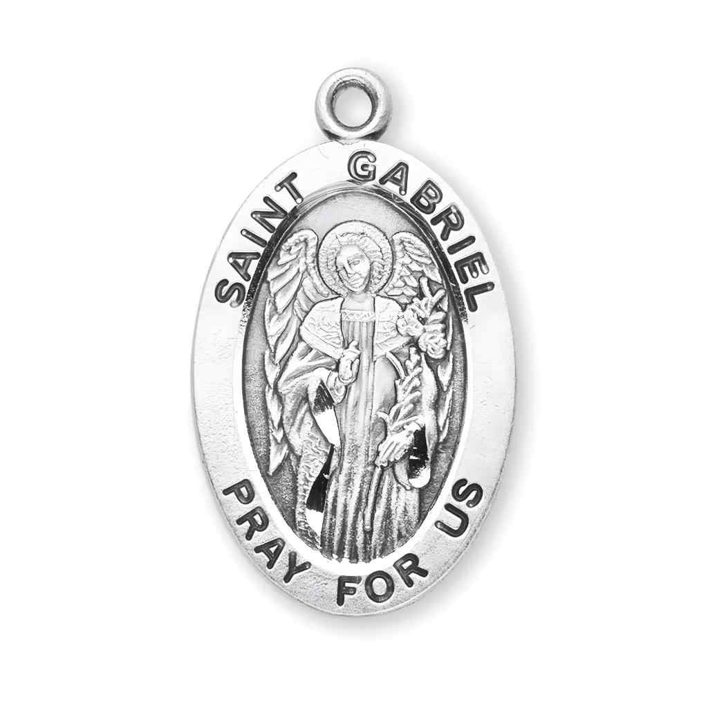 The front of the St. Gabriel the Archangel Large Oval Sterling Silver Medal from HMH Religious