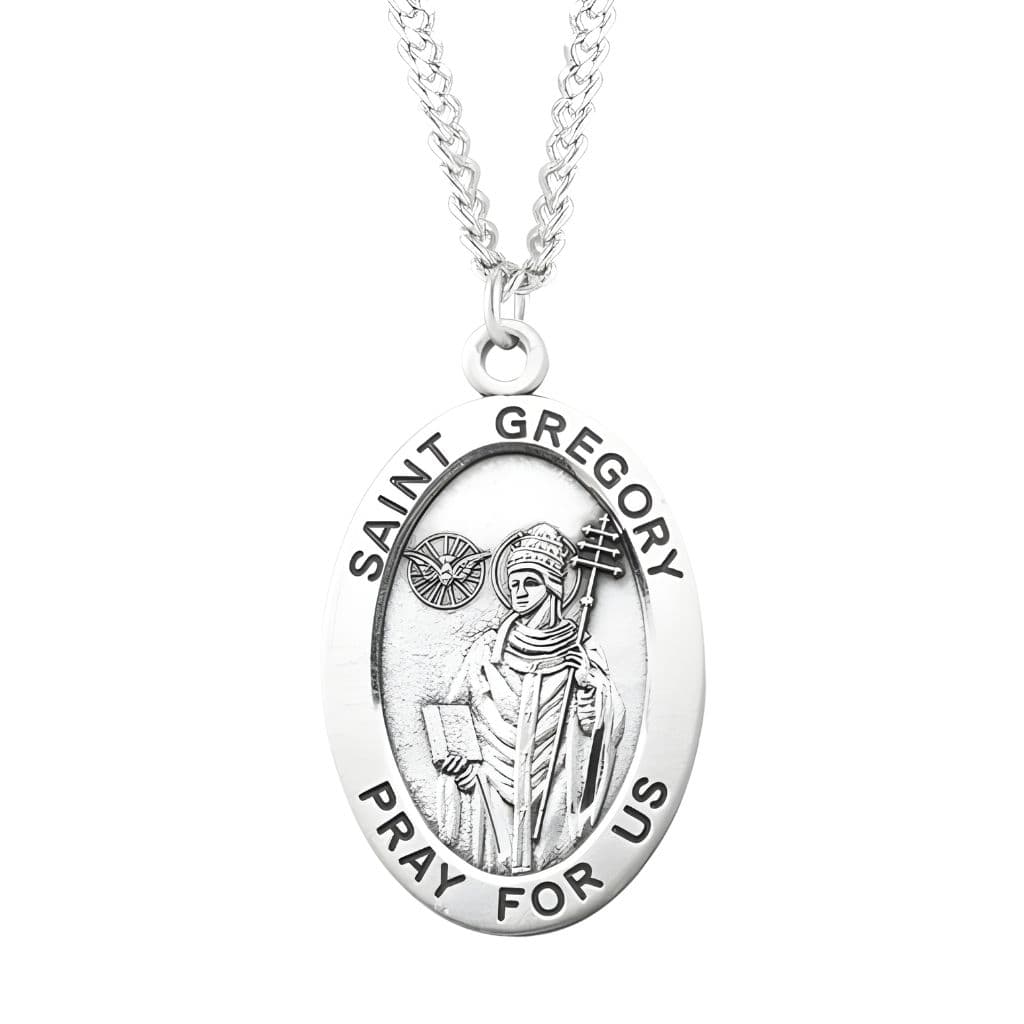 HMH Religious Large St. Gregory the Great with this Oval Sterling Silver Medal Necklace with 24" Stainless Steel  Chain, Measures  1.3" x 0.8"