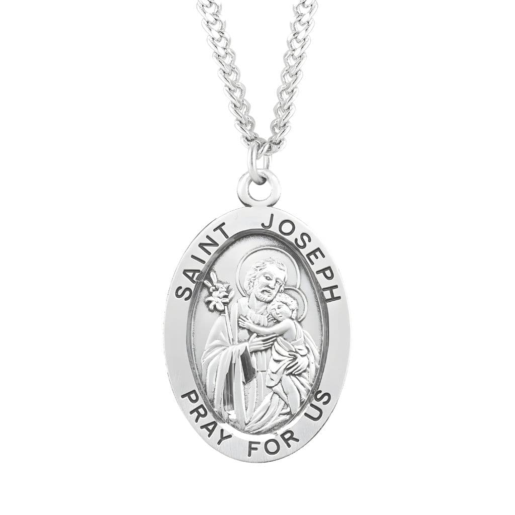 HMH Religious Large St. Joseph with this Oval Sterling Silver Medal Necklace with 24" Stainless Steel  Chain, Measures  1.3" x 0.8"