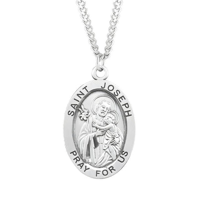 Large St. Joseph with this Oval Sterling Silver Medal Necklace with 24" Stainless Steel Chain, Measures 1.3" x 0.8", HMH Religious