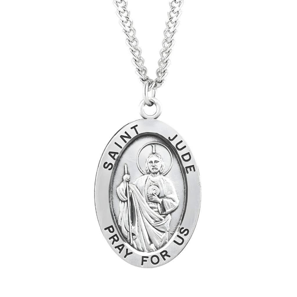 HMH Religious Large St. Jude Thaddeus with this Oval Sterling Silver Medal Necklace with 24" Stainless Steel  Chain, Measures  1.3" x 0.8"