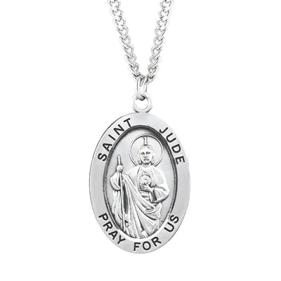 Large St. Jude Thaddeus with this Oval Sterling Silver Medal Necklace with 24" Stainless Steel Chain, Measures 1.3" x 0.8", HMH Religious