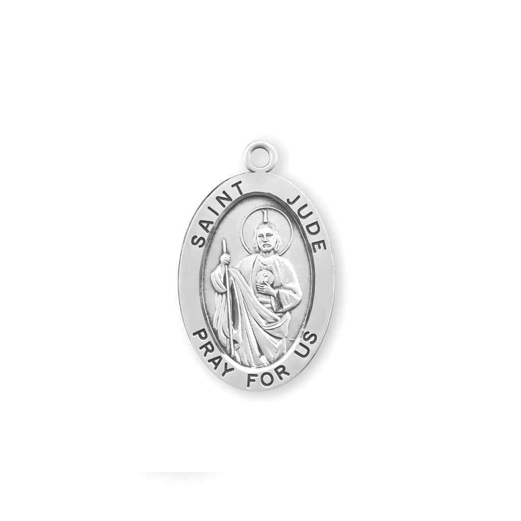 The front of the St. Jude Thaddeus Large Oval Sterling Silver Medal from HMH Religious