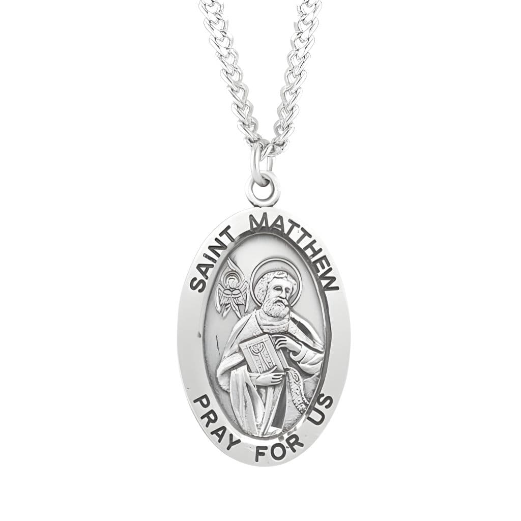 HMH Religious Large St. Matthew the Apostle with this Oval Sterling Silver Medal Necklace with 24" Stainless Steel  Chain, Measures  1.3" x 0.8"