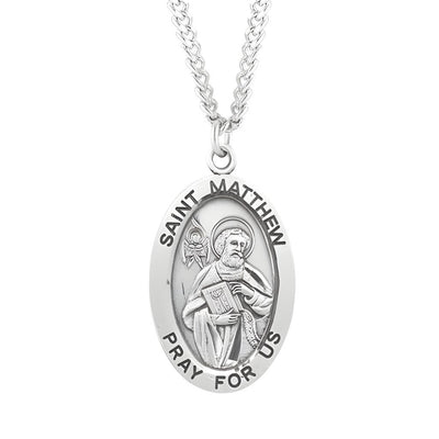 Large St. Matthew the Apostle with this Oval Sterling Silver Medal Necklace with 24" Stainless Steel Chain, Measures 1.3" x 0.8", HMH Religious
