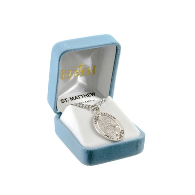 Large St. Matthew the Apostle with this Oval Sterling Silver Medal Necklace with 24" Stainless Steel Chain, Measures 1.3" x 0.8" in Gift Box, HMH Religious