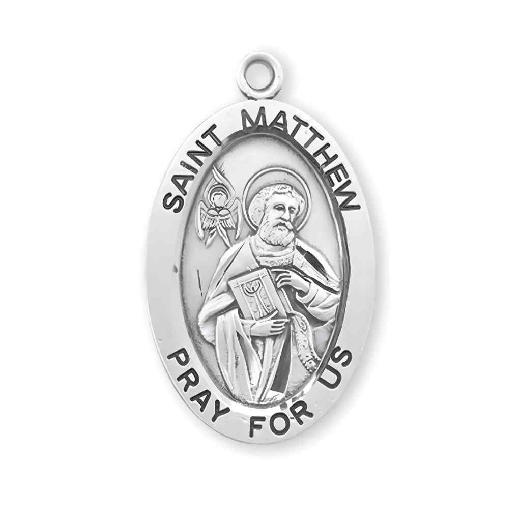The front of the St. Matthew the Apostle large Oval Sterling Silver Medal from HMH Religious