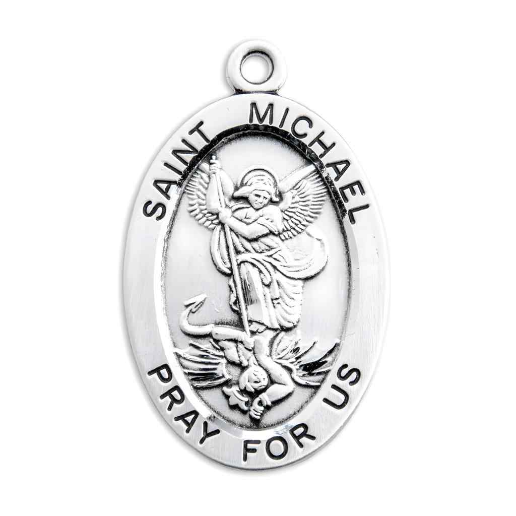 The front of the St. Michael the Archangel  Large Oval Sterling Silver Medal from HMH Religious