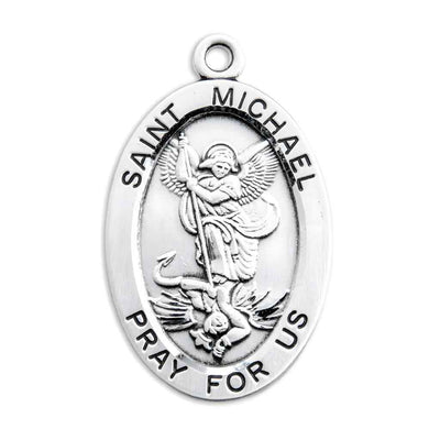 The front of the St. Michael the Archangel  Large Oval Sterling Silver Medal from HMH Religious