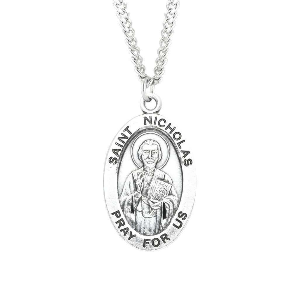 St. Nicholas sterling silver medal necklace by HMH Religious. .925 silver medal, 24" chain.
