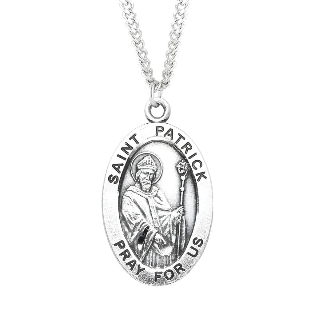 St. Patrick sterling silver medal necklace by HMH Religious. .925 silver medal, 24" chain.