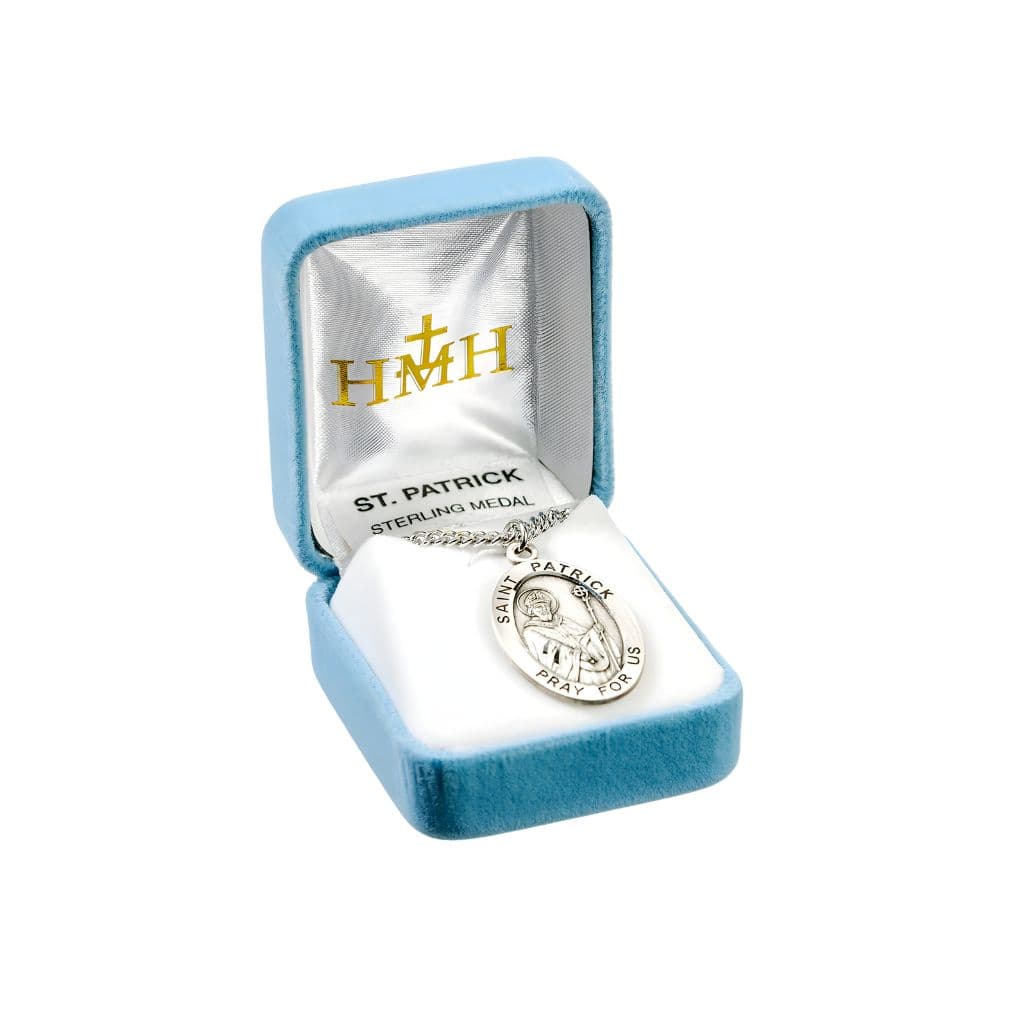 St. Patrick sterling silver medal necklace by HMH Religious. .925 silver medal, 24" chain and gift box.