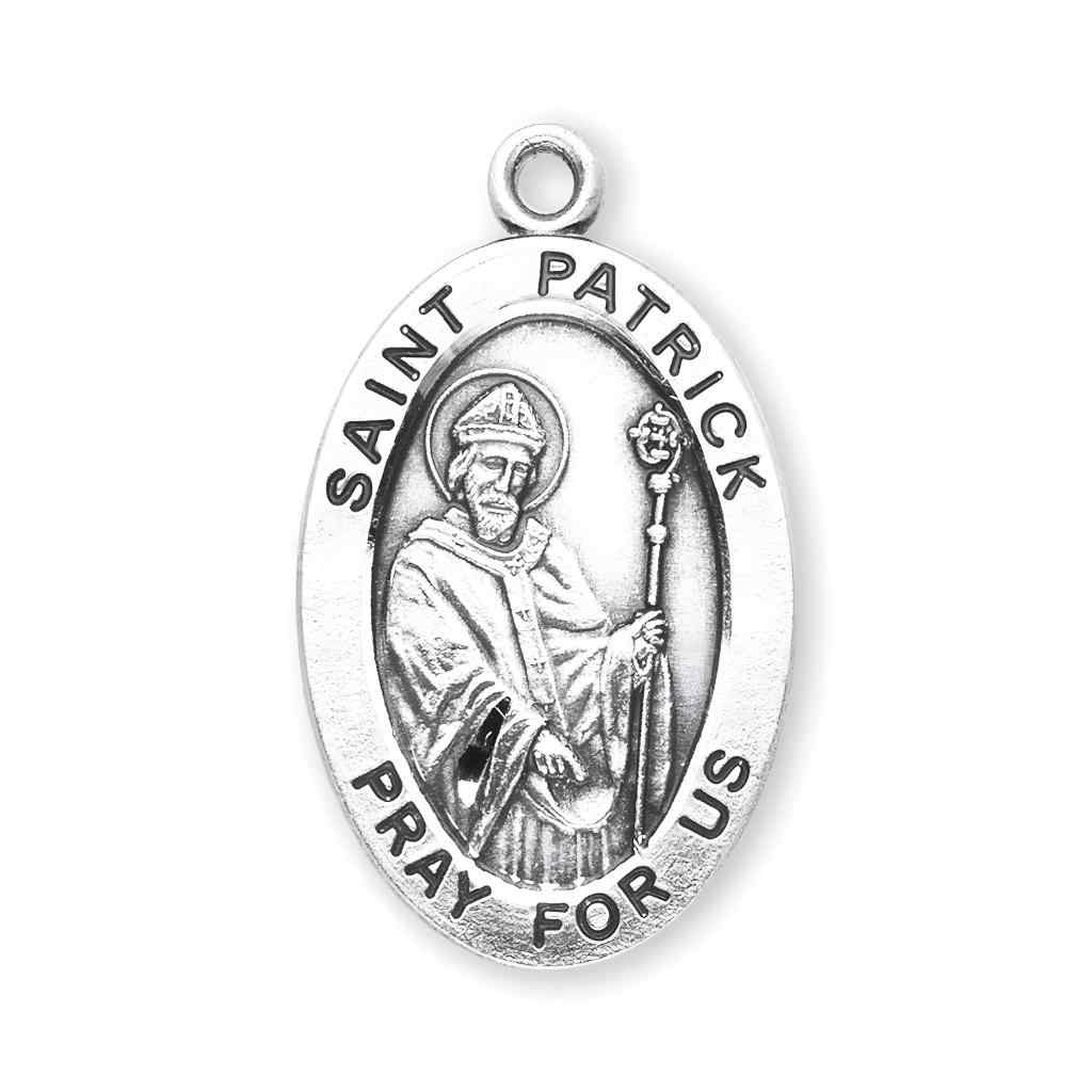 The front of the St. Patrick Large Oval Sterling Silver Medal from HMH Religious