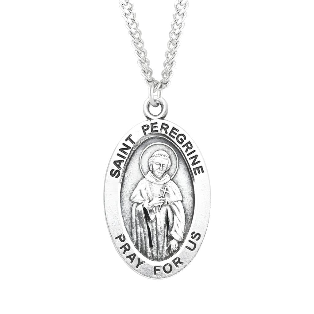 Shop the St. Peregrine Laziosi sterling silver medal necklace by HMH Religious. .925 silver medal, 24" chain.