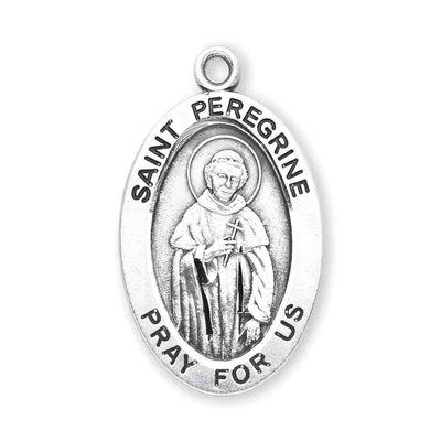 The front of the St. Peregrine Laziosi Large Oval Sterling Silver Medal rom HMH Religious